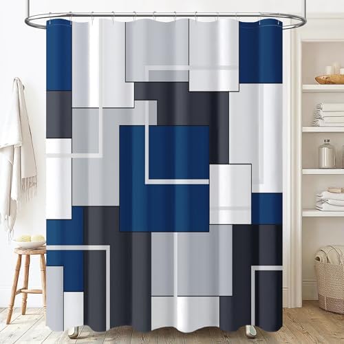 BTTN Navy Blue Modern Geometric Waterproof Fabric Shower Curtain, 72x72