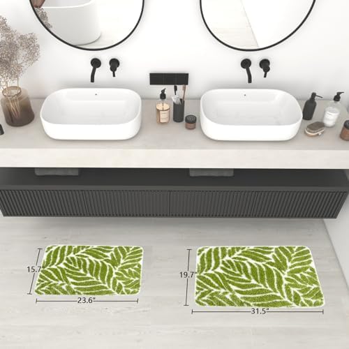Grass Green Leaf Bathroom Rugs - Cute Bath Mat, Green Bath Mats Non Slip Machine Washable Funny Bathroom Decor Water Absorbing Bath Rugs for Sink Bathtub Shower 20" x 32"