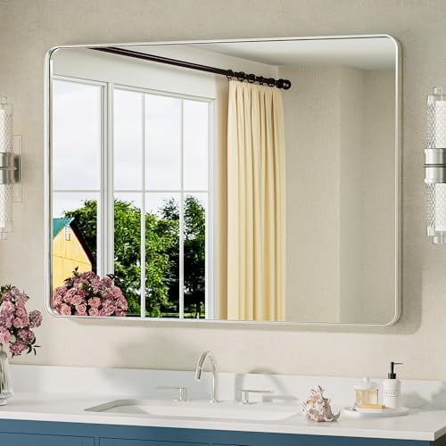 TETOTE Brushed Nickel Bathroom Mirror 40 x 30 Inch Brushed Nickel Metal Framed Bathroom Mirror, Tempered Glass, Modern Farmhouse Wall Mounted Mirror for Decorative(Horizontal/Vertical)