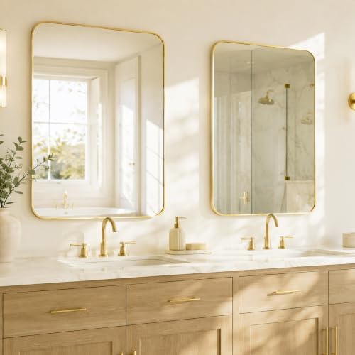 2-Pack 24x30 Inch Brushed Gold Rounded Rectangle Vanity Mirrors