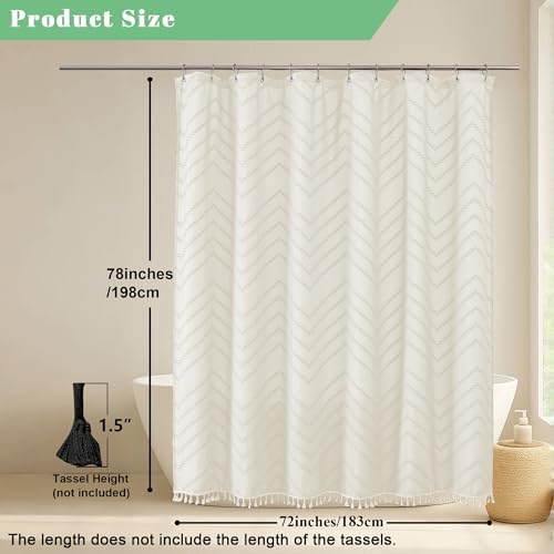 OWENIE Beige Fabric Shower Curtain, Boho Shower Curtains for Bathroom Chic Tufted Chevron Striped Textured with Tassel, Soft Hotel Style Farmhouse, Machine Washable, 72x78, Beige
