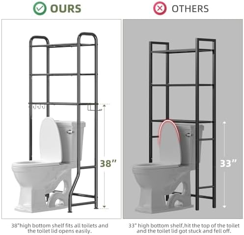 Simple Trending Over The Toilet Storage Rack, Metal 3 Tier Bathroom Organizer Shelf with Paper Holder and 3 Hooks, Freestanding Shelf Space Saver Above Toilet,Black