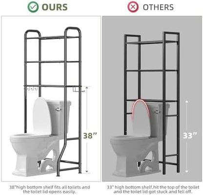 Simple Trending Over The Toilet Storage Rack, Metal 3 Tier Bathroom Organizer Shelf with Paper Holder and 3 Hooks, Freestanding Shelf Space Saver Above Toilet,Black