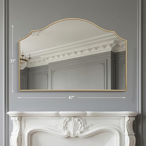 Besdomus Gold Scalloped Wall Mirror: 47"x31" Large Wooden Fireplace Mirror