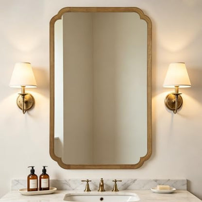 WallBeyond 30" x 48" Wood Bathroom Mirror for Wall Mounted, Rustic Rounded Corner Vanity Mirror for Entryway, Living Room or Bedroom Home Decorative [30" x 48" Natural Color]