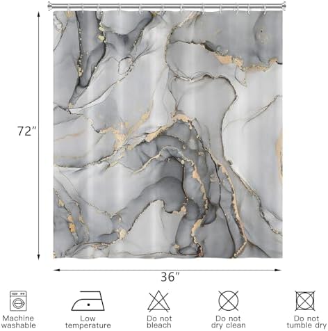 Grey Marble Shower Curtain, Modern Abstract Luxury Grey Gold Ink Texture Watercolor Art Bathroom Curtains Ombre Machine Washable Waterproof Fabric Bathtub Curtain Set with Hooks 36" Wx72 L