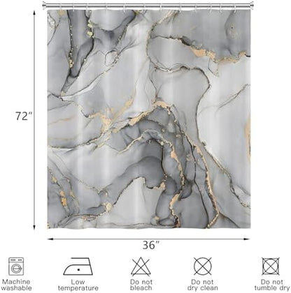 Grey Marble Shower Curtain, Modern Abstract Luxury Grey Gold Ink Texture Watercolor Art Bathroom Curtains Ombre Machine Washable Waterproof Fabric Bathtub Curtain Set with Hooks 36" Wx72 L