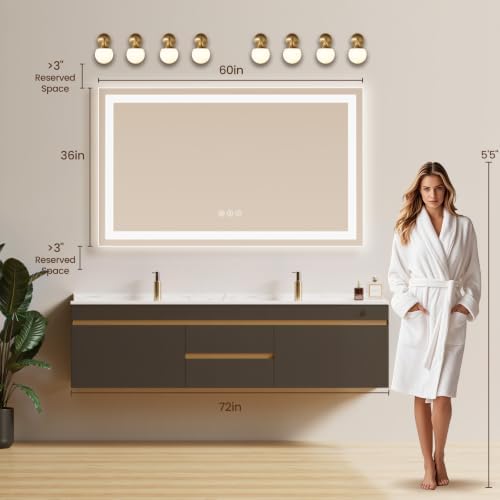 60"x36" LED Bathroom Mirror with Anti-Fog, Backlit & Front Lights, Memory
