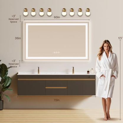 60"x36" LED Bathroom Mirror with Anti-Fog, Backlit & Front Lights, Memory