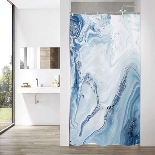 Blue Marble Fabric Shower Curtain, Abstract Watercolor, 36 x 72 Inches