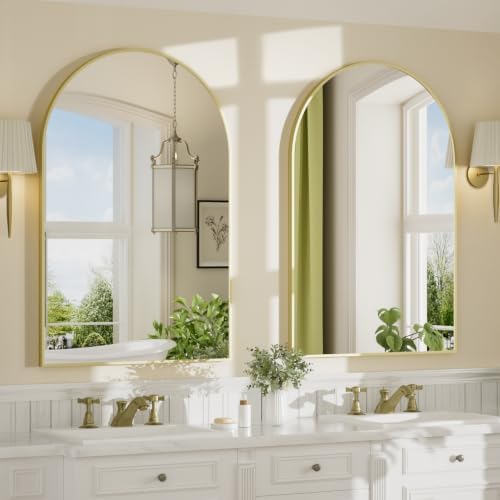 24"x36" Brushed Gold Arched Vanity Bathroom Mirror, Set of 2