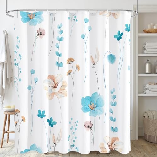 Gibelle Light Blue Beige Watercolor Floral Fabric Shower Curtain, 72x72