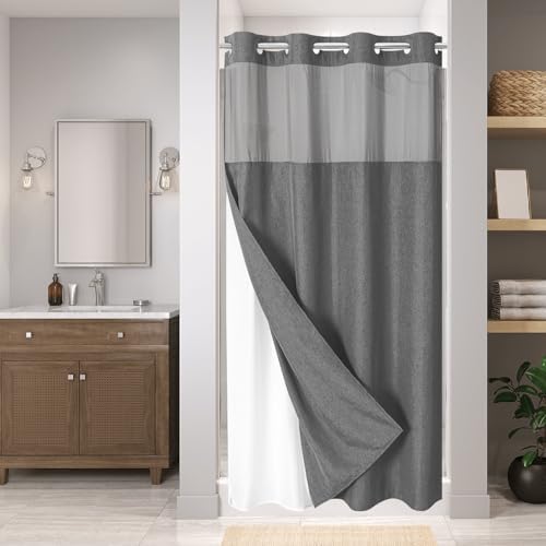 eachope No Hook Fabric Shower Curtain with Snap-in Liner,54x80Charcoal Grey