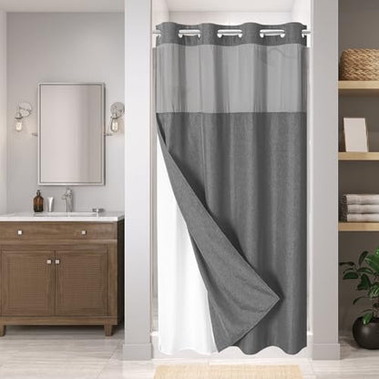 eachope No Hook Fabric Shower Curtain with Snap-in Liner,54x80Charcoal Grey