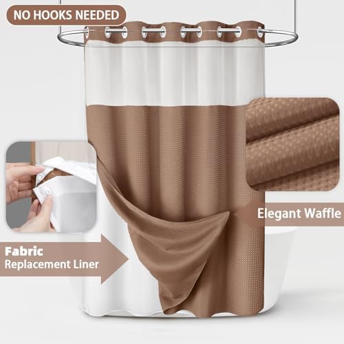 No Hook Shower Curtain with Liner Set Hotel Waffle Mocha Brown 72W X 75L