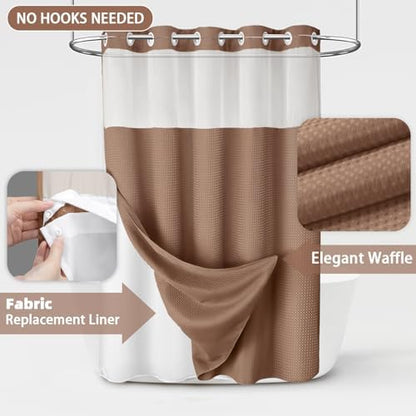 No Hook Shower Curtain with Liner Set Hotel Waffle Mocha Brown 72W X 75L