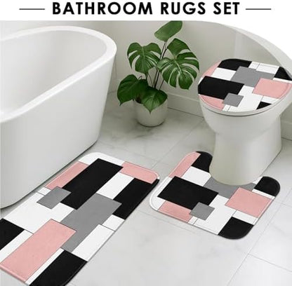 Bathroom Sets with Shower Curtain and Rugs, 4 Pcs, Geometric Pink