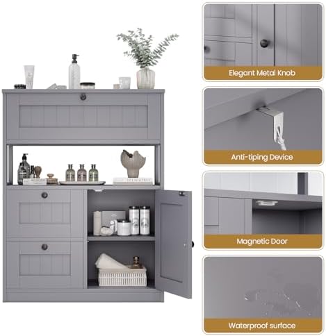 GRUSIGN Bathroom Cabinet, Modern Bathroom Floor Storage Cabinet Organizer with 1 Door and 3 Drawers, Freestanding Cupboard for Kitchen/Living Room Use