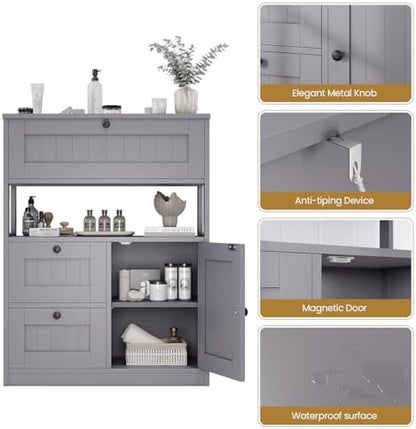 GRUSIGN Bathroom Cabinet, Modern Bathroom Floor Storage Cabinet Organizer with 1 Door and 3 Drawers, Freestanding Cupboard for Kitchen/Living Room Use