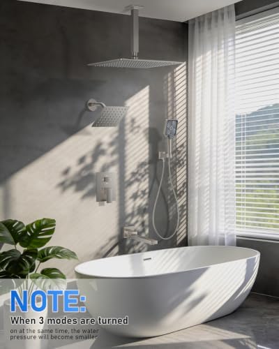 Woindo 4 Function Shower Faucet Set 12" Rain Shower Head/6'' Side Shower Head and 3 Setting Handheld Ceiling Mount Push Button Diverter Complete Rainfall Round Shower System Included Valve Trim Kit