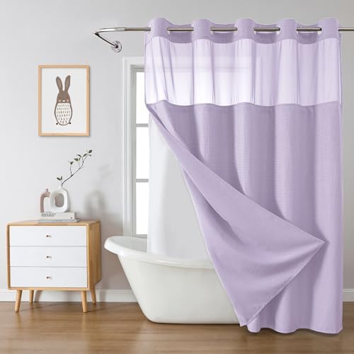 No Hook Waffle Shower Curtain with Snap-in Liner, 71x77 Inch, Lavender