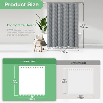 Dynamene Extra Long Boho Fabric Shower Curtain Tufted Chevron 72"x84" Grey