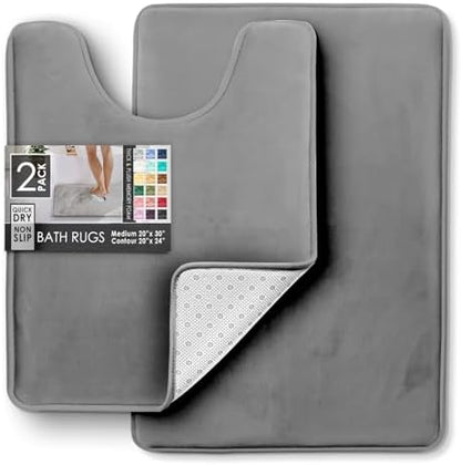 Clara Clark 2 Piece Bathroom Rugs, Velvet Memory Foam Bath Mat Set, Non-Slip Bath Rugs, Machine Wash, Dries Quickly, Ultra Soft Plush Bath Mats for Bathroom, 20 x 32 + Contour, Grey