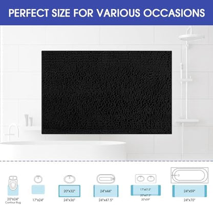 ACCUMTEK Striped Black Bathroom Rug Mat 32"x20" Ultra Soft, Non Slip Chenille Bath Rugs, Absorbent Plush Shaggy Bath Mats for Bathroom, Bedroom, Kitchen, Shower, Tub