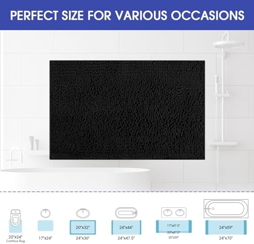 ACCUMTEK Striped Black Bathroom Rug Mat 36"x24" Ultra Soft, Non Slip Chenille Bath Rugs, Absorbent Plush Shaggy Bath Mats for Bathroom, Bedroom, Kitchen, Shower, Tub