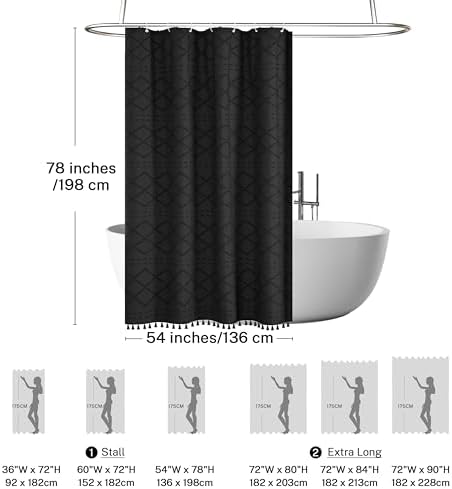 Extra Long Boho Black Woven Fabric Shower Curtain with Tassels 54 x 78 Modern Farmhouse Minimalist, Tufted Chevron Striped Shabby Chic Textured, Water Resistant Cloth Curtain for Bathroom, Hotel Decor