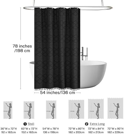 Extra Long Boho Black Woven Fabric Shower Curtain with Tassels 54 x 78 Modern Farmhouse Minimalist, Tufted Chevron Striped Shabby Chic Textured, Water Resistant Cloth Curtain for Bathroom, Hotel Decor