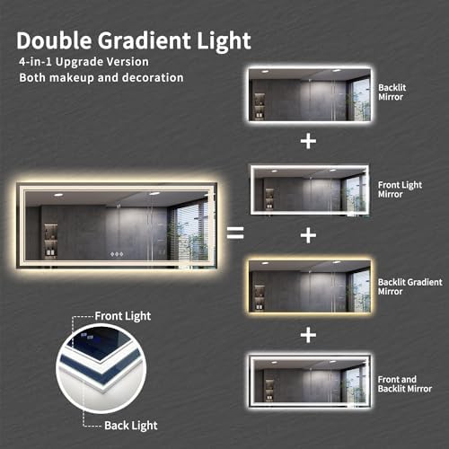 Bathroom Mirrors for Wall, 88x38 Inch Gradient Front and Backlight Big Lighted Mirror, 3 Colors Dimmable CRI>90 Double Lights, IP54 Enhanced Anti-Fog, LED Mirror for Bathroom