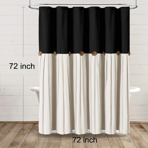 Farmhouse Shower Curtain Linen Button Black-Cream 72" W x 72" L
