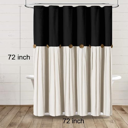 Farmhouse Shower Curtain Linen Button Black-Cream 72" W x 72" L