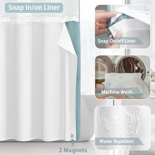 No Hook Shower Curtain with Liner Set Hotel Waffle Curtain Cyan 72W X 75L