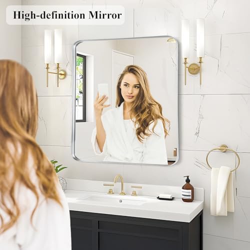 Silver Bathroom Vanity Mirror Over Sink 24x24, Wall Square Mirror, Chrome