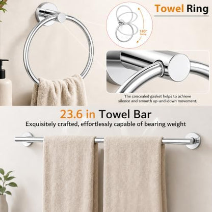 5Piece Polished Chrome Bathroom Hardware Accessories Set, 24" Towel Bar Set