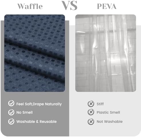 No Hook Waffle Shower Curtain with Snap in Liner Set, 54x80, Navy Blue
