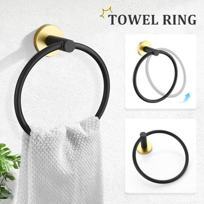 TURS Black and Gold Bathroom Hardware Set 5 Piece, SUS304 Stainless Steel Gold Black Towel Bar Set, 24 Inch Bathroom Accessories Kit Wall Mounted