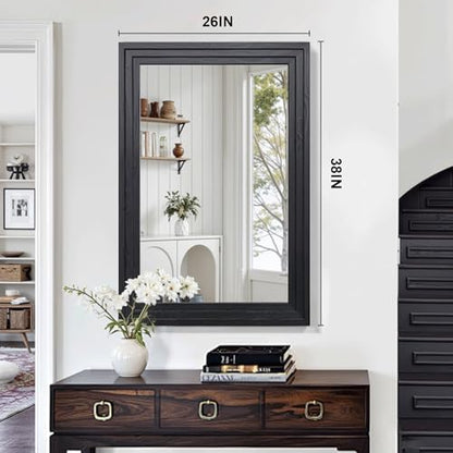 Farmhouse Rustic Wood Framed Bathroom Vanity Mirror for Wall, 26x38, Black
