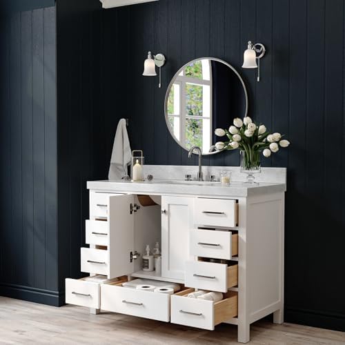 ARIEL Cambridge 48-inch Bathroom Vanity with Sink,Solid Wood, 2-inch Italian Carrara Marble Countertop, Single Rectangular Porcelain Sink, 2 Soft Closing Doors, 9 Dovetail Drawers, White