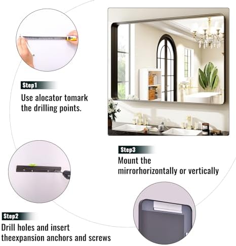 Easly 30"x40" Black Bathroom Mirror - Modern Mirror for Wall with Rounded Corners. Bathroom Mirrors for Vanity, Aluminum Alloy Framed Mirror Portrait or Landscape Hang, Rectangle Mirrors