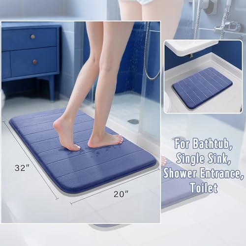 Yimobra Memory Foam Bath Mat, Super Soft Absorbent Bathroom Rug Non Slip 31.5x20 Inch, Quick Dry, Machine Washable Floor Carpet for Tub Shower, Home Decor Accessories, Navy Blue