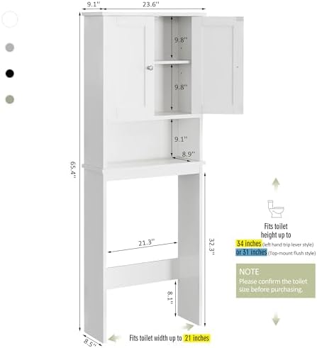 Over the Toilet Storage Cabinet, Bathroom Storage Organizer Over Toilet, Space Saver W/Adjustable Shelf & Open Shelf, White