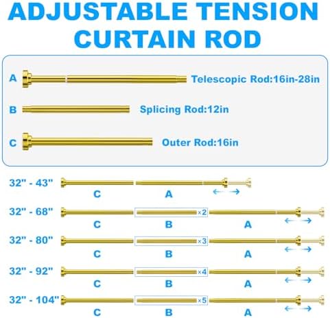 TEECK Shower Curtain Rod, 32-68 inch Adjustable Spring Tension Curtain Rod, Never Rust Anti-Slip Shower Curtain Rod for Bathroom, No Drilling, Never Collapse, Easy to Use, Gold