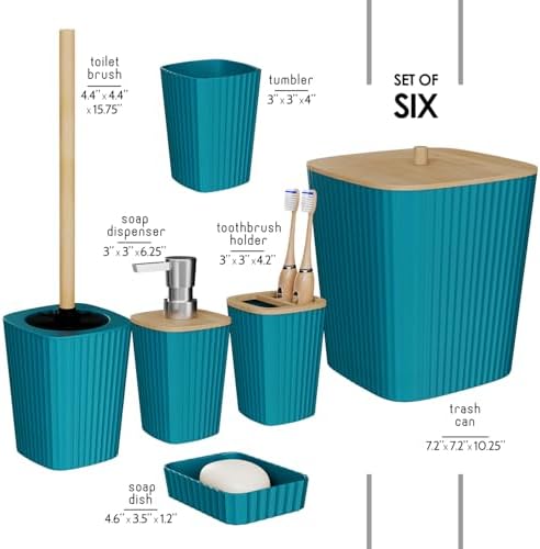 Clara Clark Bathroom Set - Teal Bathroom Accessories Set, 6PC Bathroom Accessory Set, Bathroom Sets with Toilet Brush, Trash Can & Soap Dispenser