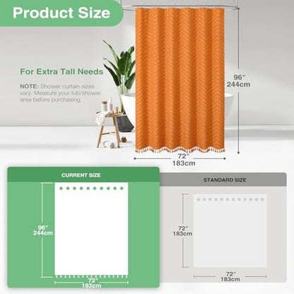 Dynamene Extra Long Boho Shower Curtain Tufted Chevron 72"x96" Burnt Orange
