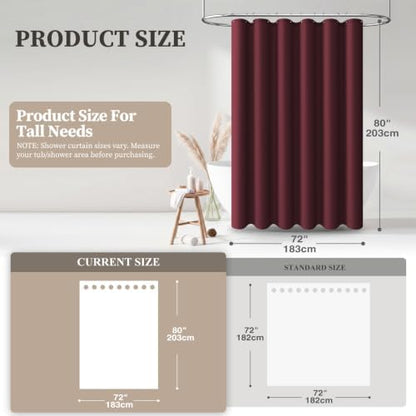 BTTN 72x80 Linen Textured Waterproof Fabric Shower Curtain Set, Burgundy