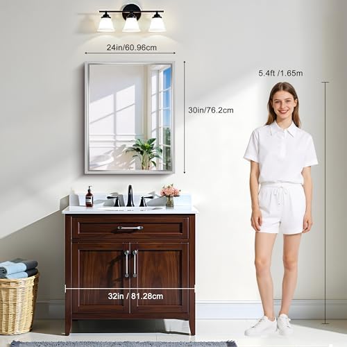 CIRCUMI 24"x30" Brushed Silver Bathroom Mirror, Rectangular Vanity Mirror