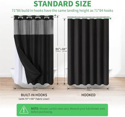 eachope No Hook Linen Texture Shower Curtain with Snap-in Liner,71x86 Black